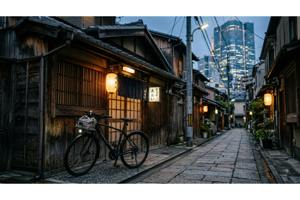 夕暮れの東京の路地裏に停められた自転車と高層ビル⁠